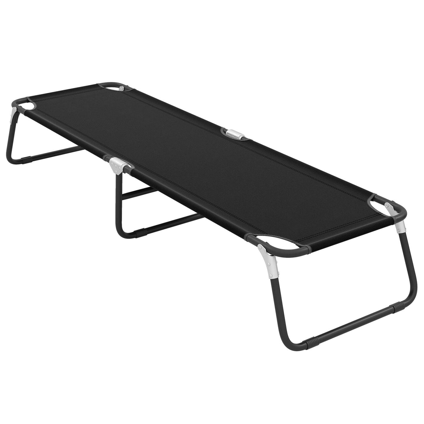 An AlphaLife247 black folding camping cot, showcasing its durable iron frame and taut 600D Oxford cloth, designed for reliable, high-capacity use in outdoor backcountry environments.