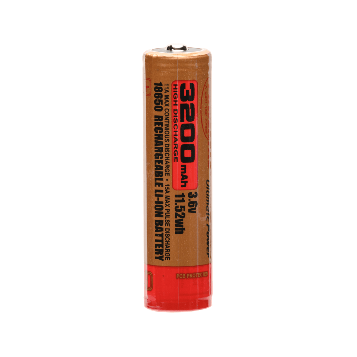 An AlphaLife247's Powertac 3200mAh high-discharge 18650 rechargeable lithium-ion battery with PCB protection, designed for reliable use in tactical flashlights, EDC gear, and high-demand portable electronics.