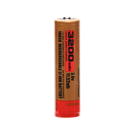 An AlphaLife247's Powertac 3200mAh high-discharge 18650 rechargeable lithium-ion battery with PCB protection, designed for reliable use in tactical flashlights, EDC gear, and high-demand portable electronics.
