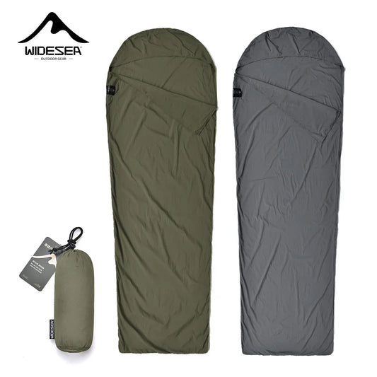 An AlphaLife247 Widesea brand mummy-style ultralight sleeping bag liner, showcased in both green and gray colors on a white background, highlighting its compact design for expedition hygiene and thermal regulation.