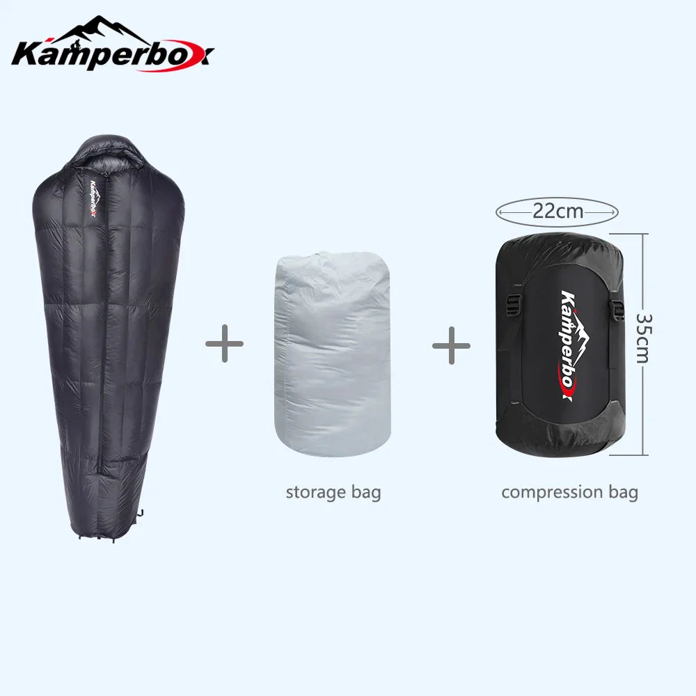 An AlphaLife247 Kamperbox ultralight winter sleeping bag in deep charcoal, displayed alongside its storage and compression bags to illustrate its compact, expedition-ready design.