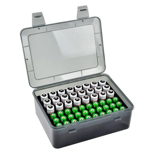 AlphaLife247 Perfectsy 54-count AA and AAA battery storage case, featuring a clear lid for organized, quick-access power management in your emergency and field kits.