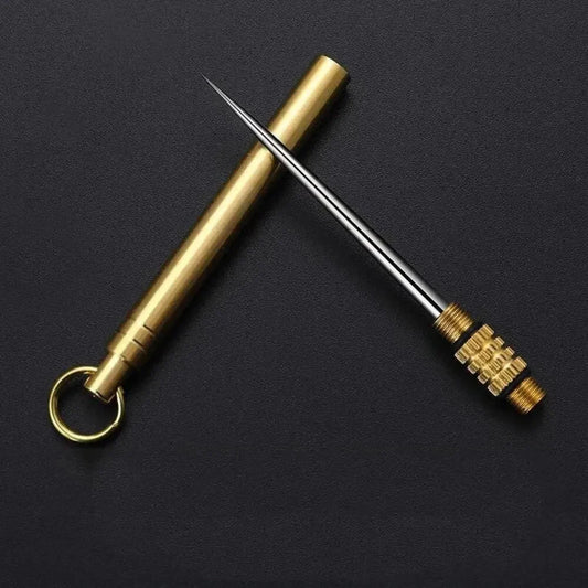 AlphaLife247 Titanium and Brass Multifunctional Toothpick, durable and reusable camping dining tool with portable storage bottle, ideal for hiking and travel.