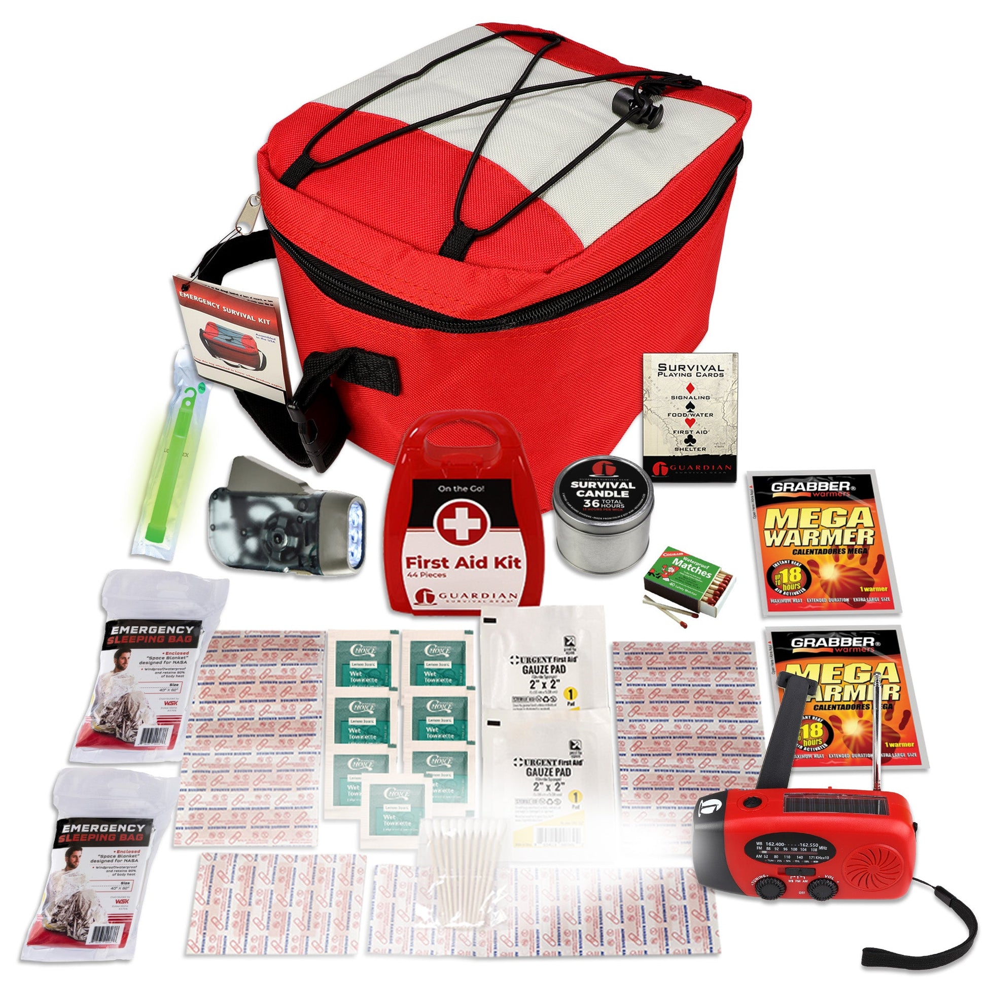AlphaLife247 Blackout Emergency Preparedness Kit featuring lighting, warmth, and first aid supplies for two people.