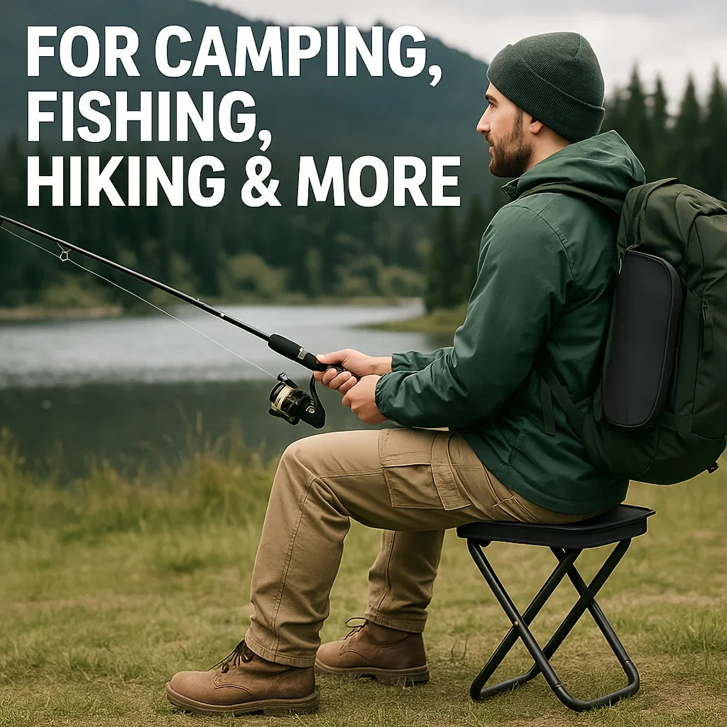 AlphaLife247 compact folding outdoor stool with carbon steel frame and Oxford cloth seat set up for camping and hiking.