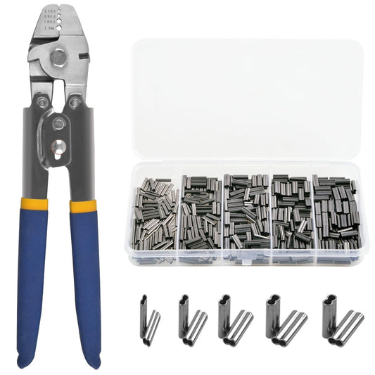 Stainless steel wire rope crimping tool and aluminum ferrule sleeves in a storage container, displayed against a clean background for AlphaLife247 gear inventory.