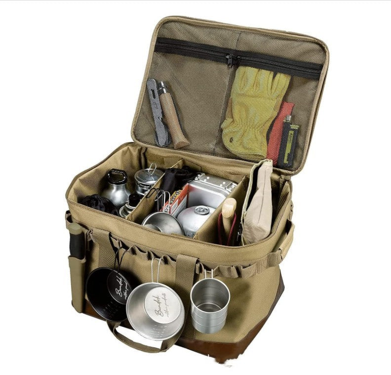 An AlphaLife247 double-layer storage bag in khaki, shown open to reveal organized internal compartments for camping tools and utensils, highlighting its modular, wet/dry separation design.