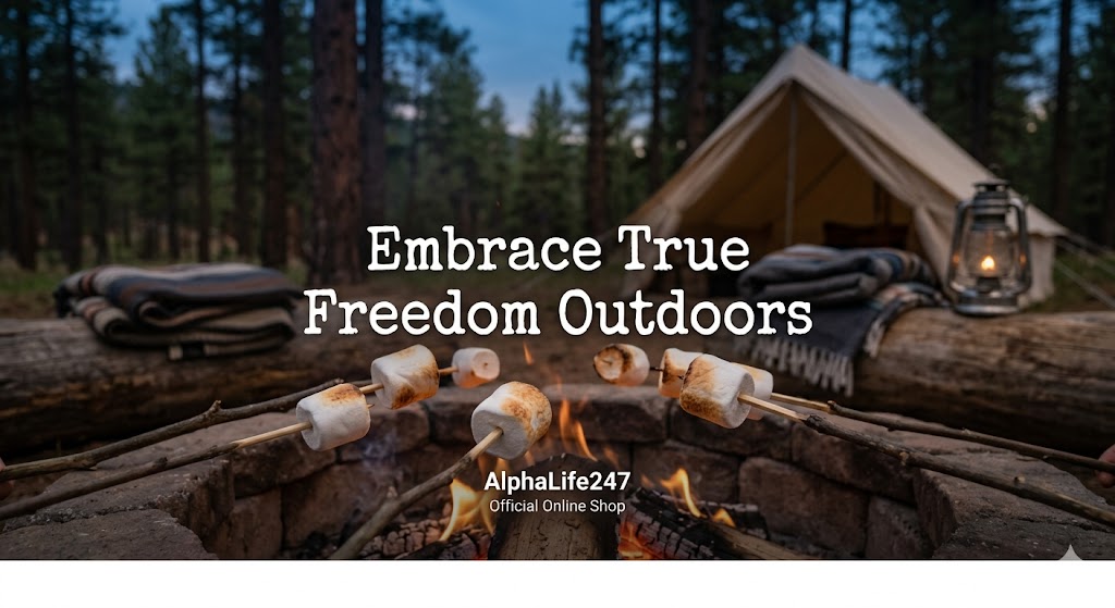 AlphaLife247 official online shop banner-Embrace True Freedom Outdoors-over a roaring campfire