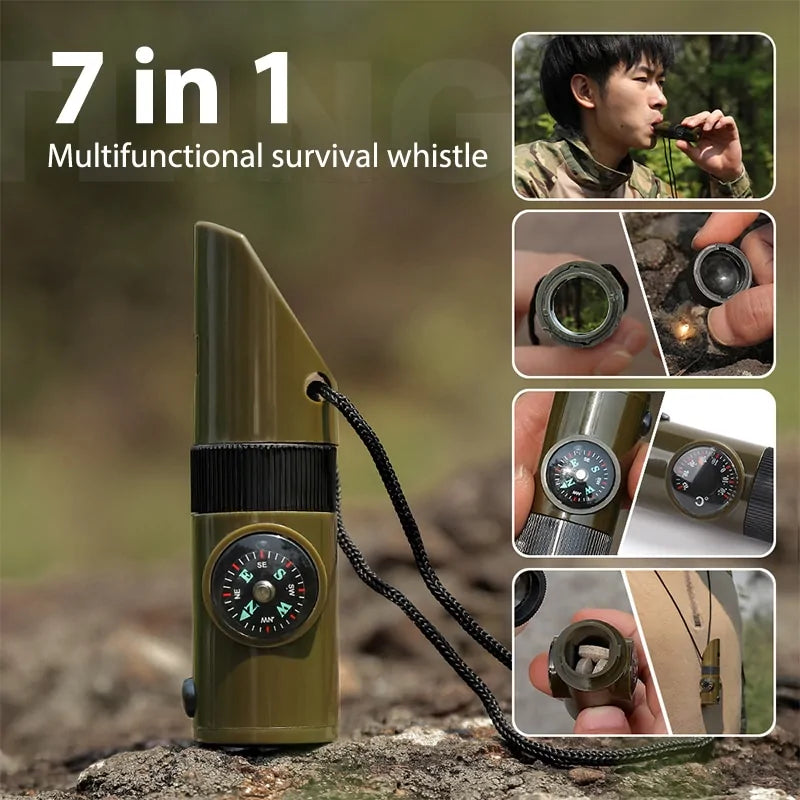 AlphaLife247 7-in-1 multi-functional Army Green survival whistle with integrated compass, thermometer, magnifying glass, and waterproof storage.