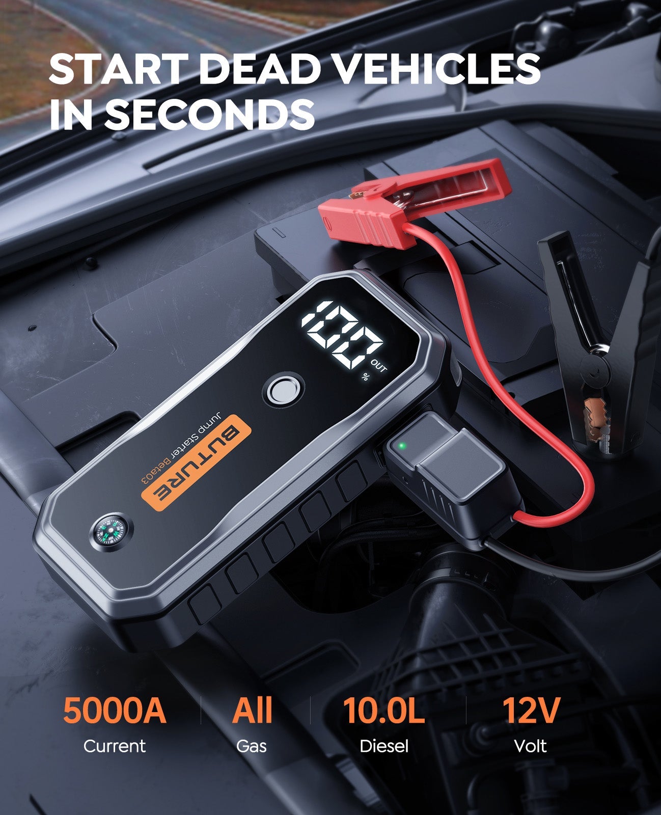 Battery Jump Start 5000A w/Compass/400 Lumen Light