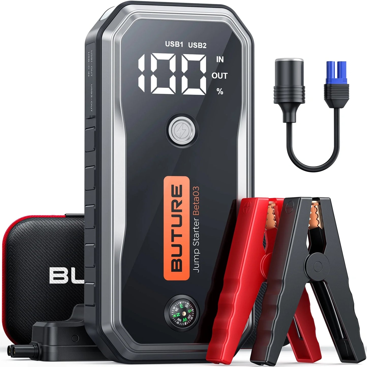 AlphaLife247 5000A portable battery jump starter with LCD display, compass, and LED light for emergency vehicle power in the great outdoors.
