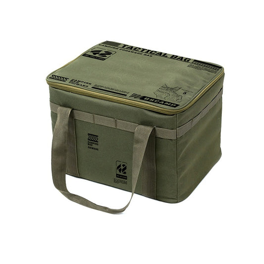An AlphaLife247 tactical storage bag in army green, showcasing a durable Oxford cloth exterior and reinforced handle construction, engineered for high-capacity equipment organization and transport.