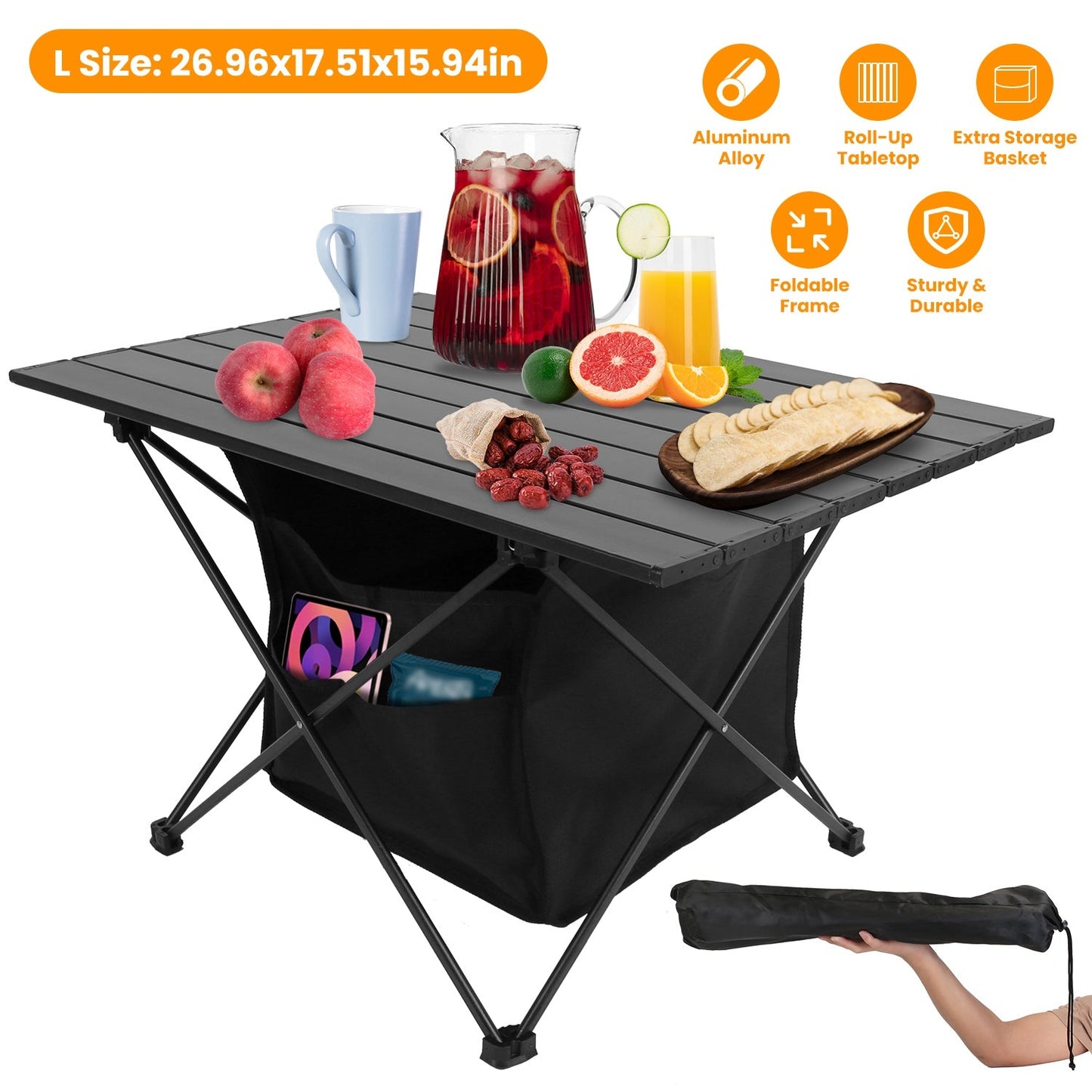 Table Foldable Aluminum w/Storage Basket & Carry Bag