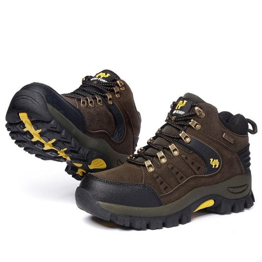 AlphaLife247 Mid-Cut Waterproof Hiking and Work Boots, durable suede leather outdoor footwear with reinforced ankle protection for trail and job site use.