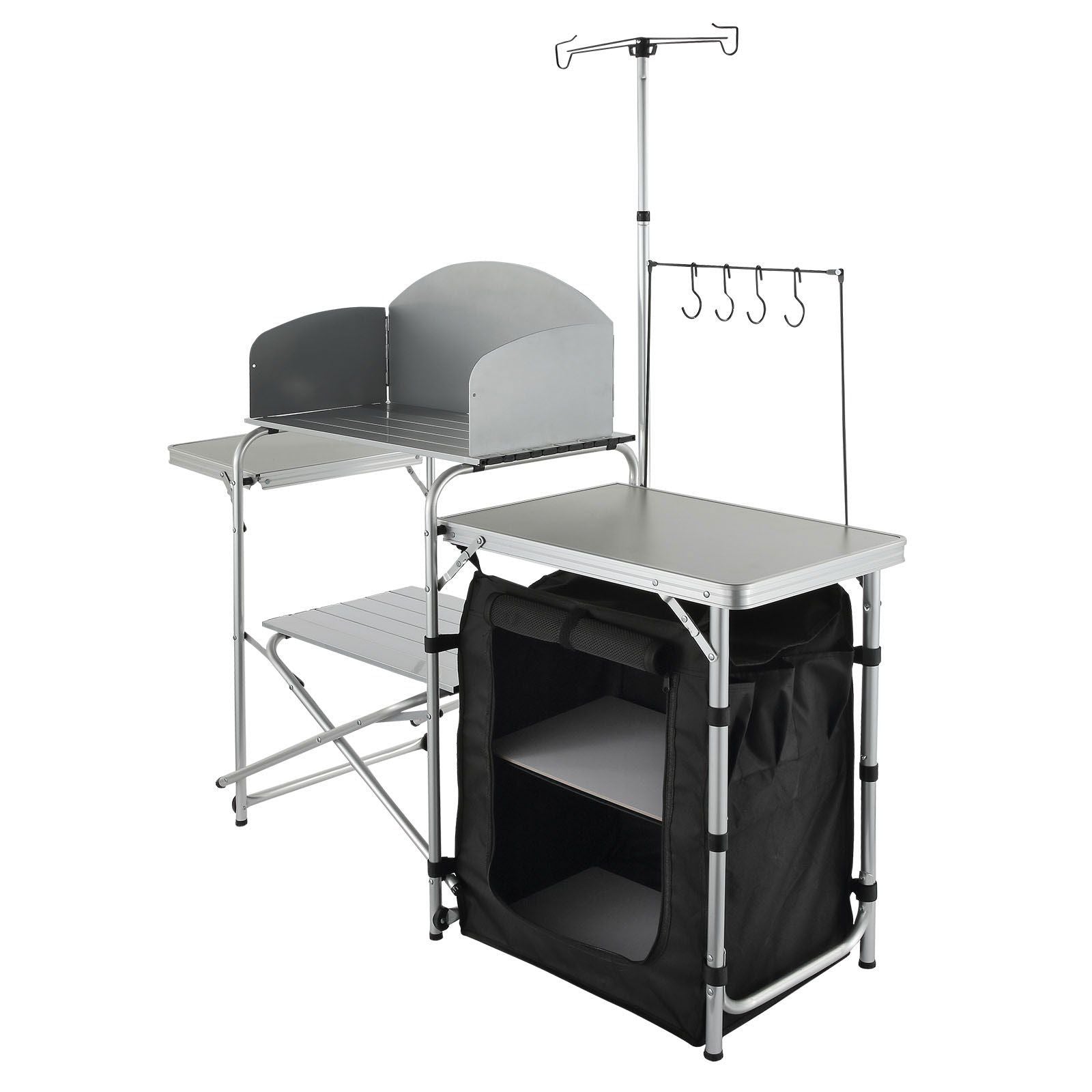 AlphaLife247 Folding Aluminum Camp Kitchen Table, portable outdoor cook station with windscreen, storage shelves, zippered compartments, and lantern stand.