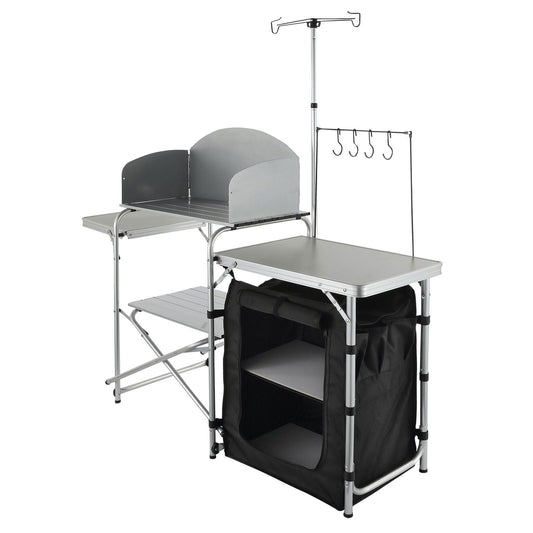 AlphaLife247 Folding Aluminum Camp Kitchen Table, portable outdoor cook station with windscreen, storage shelves, zippered compartments, and lantern stand.
