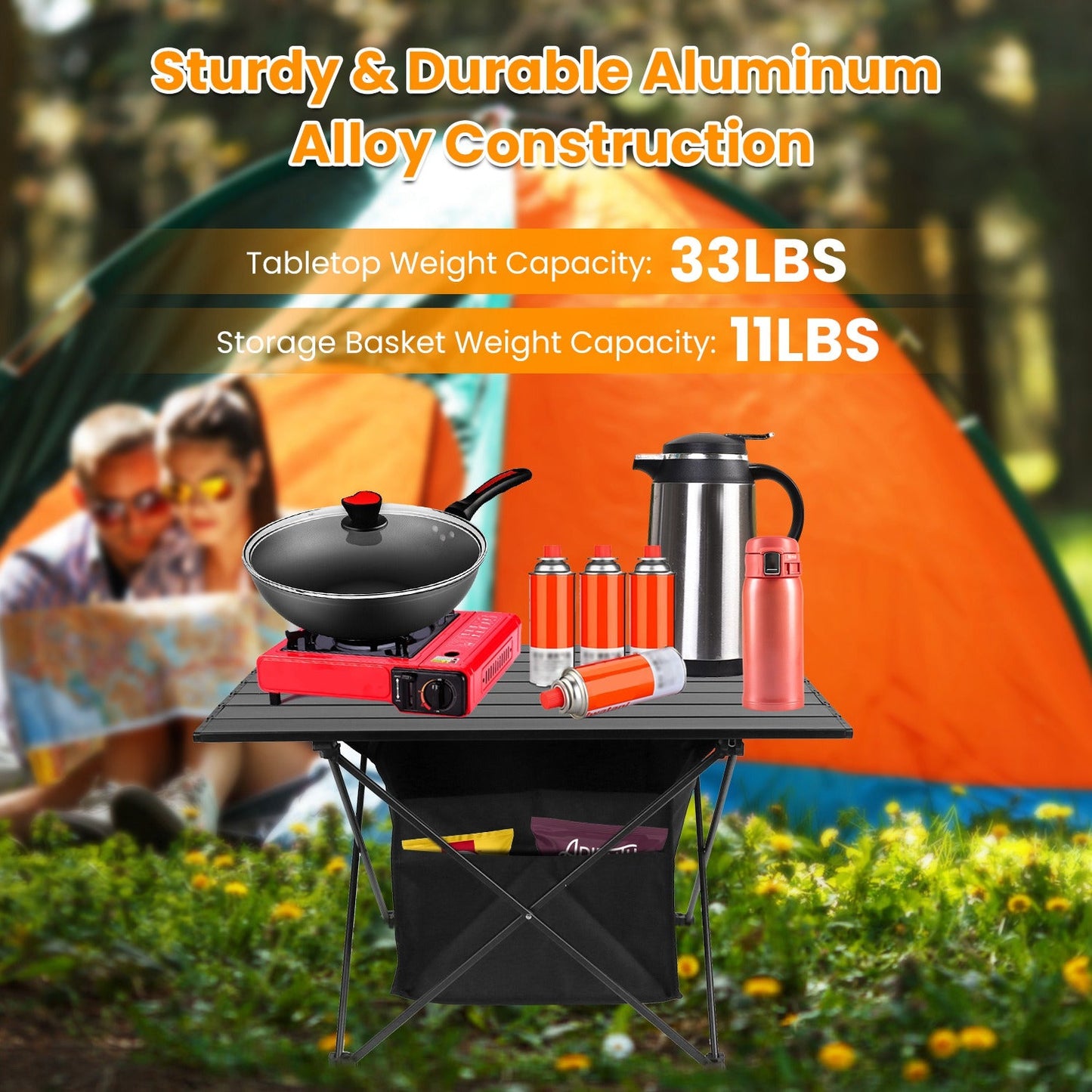 Table Foldable Aluminum w/Storage Basket & Carry Bag