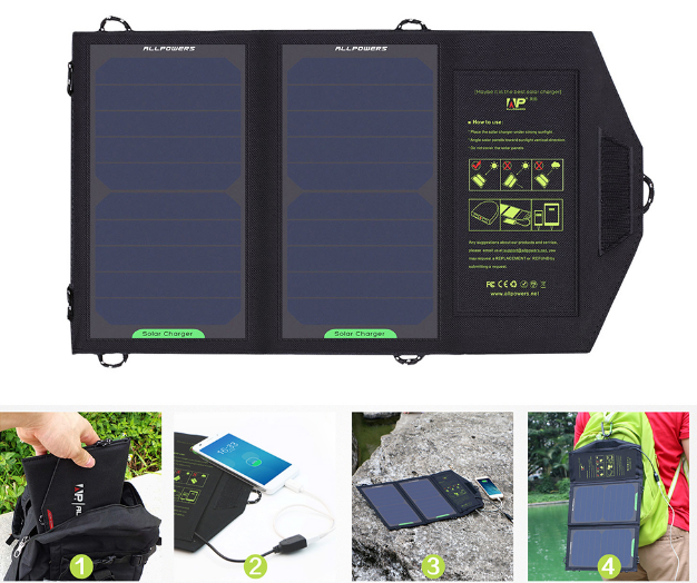 An AlphaLife247 ALLPOWERS 10W foldable solar charger panel shown open and flat with four lifestyle insets — attached to a backpack, charging a phone, deployed on rocks, and in use outdoors — with FCC, CE, and RoHS certification markings visible, built for portable off-grid USB device charging.