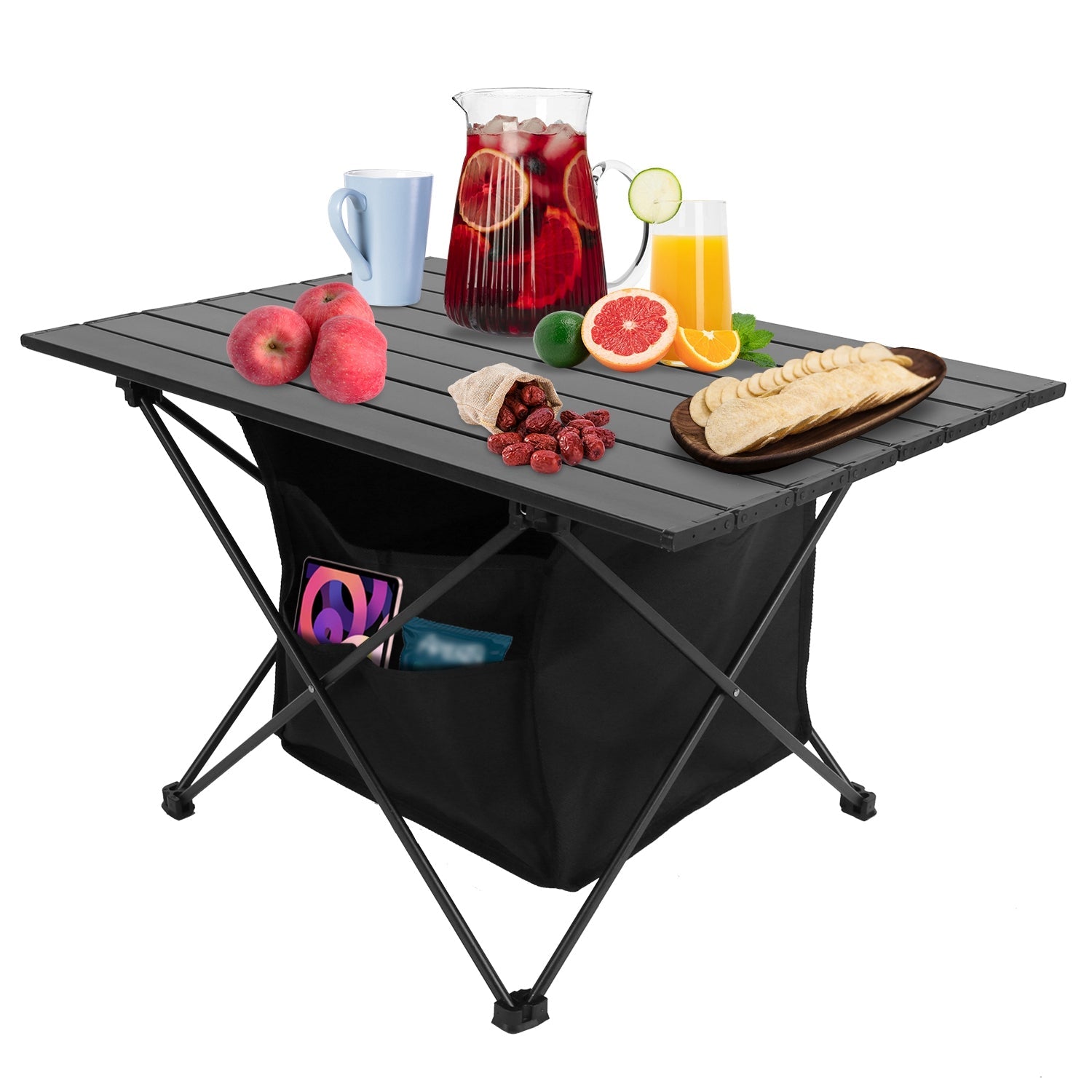 AlphaLife247 Foldable Aluminum Camping Table with under-table storage basket and carrying bag, portable roll-up picnic desk for outdoor dining and expedition use.