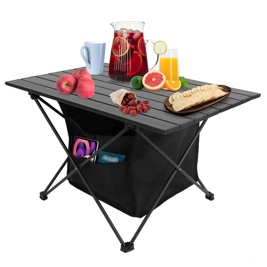 AlphaLife247 Foldable Aluminum Camping Table with under-table storage basket and carrying bag, portable roll-up picnic desk for outdoor dining and expedition use.