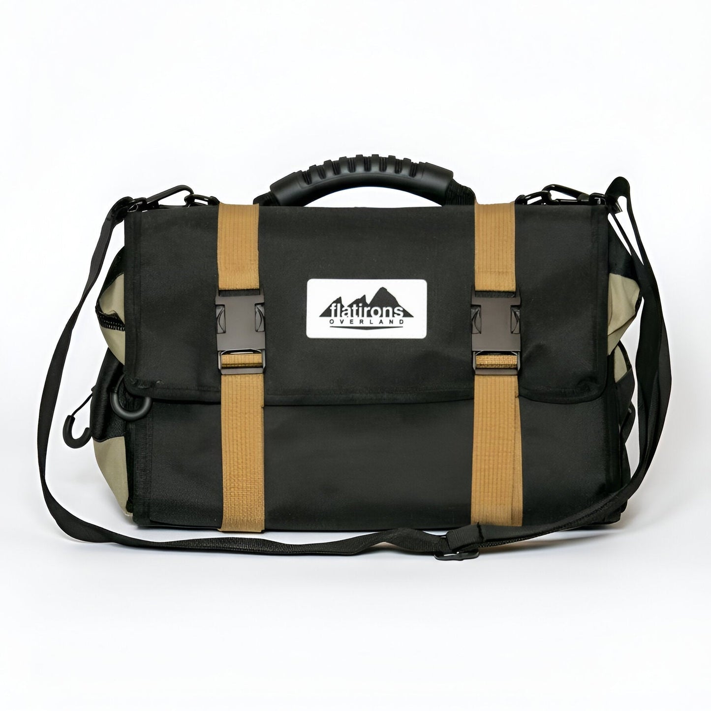 An AlphaLife247 RiPouch modular gear roll shown in a clean studio setting, displaying its black durable fabric, tan straps, and organized storage capability for professional outdoor gear.