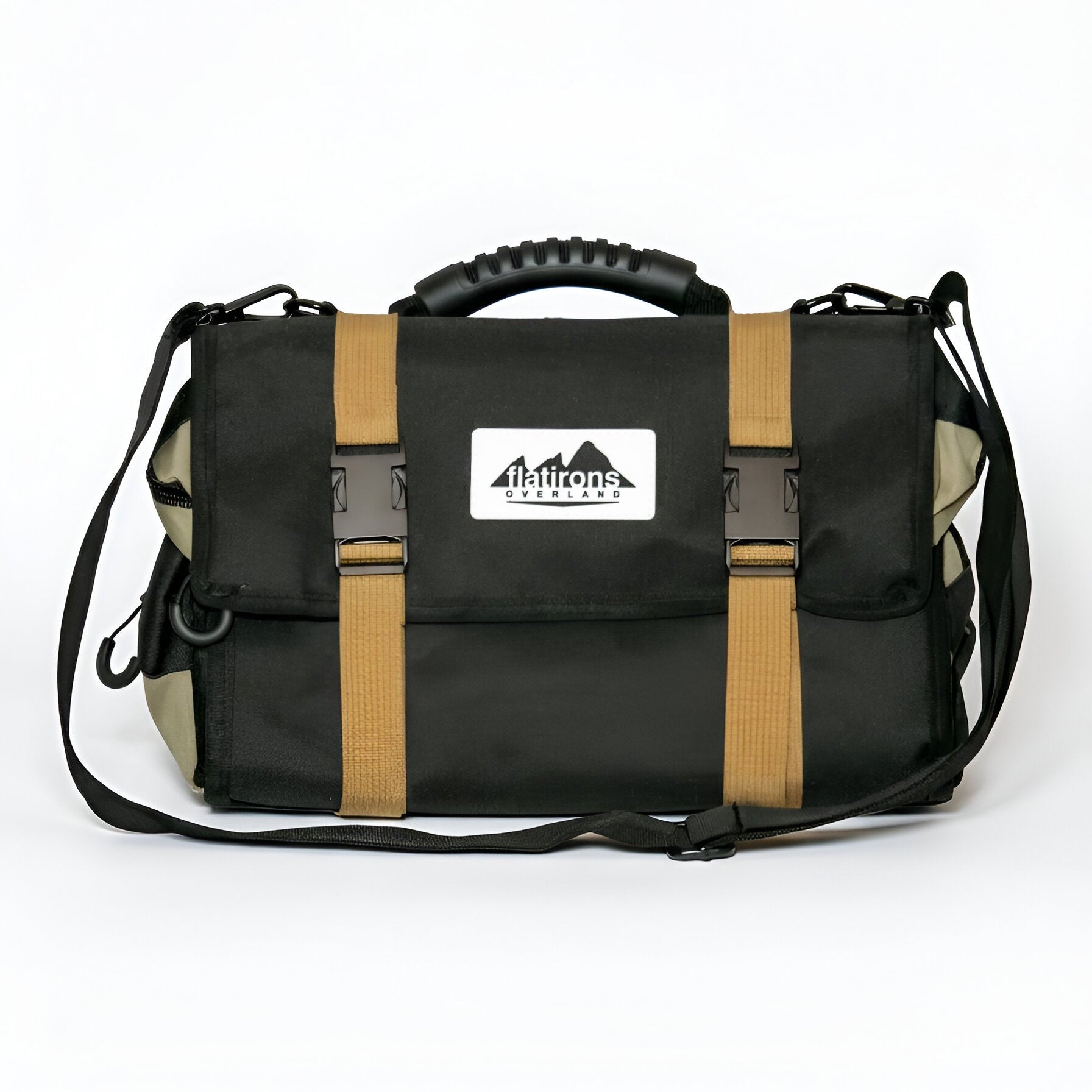 An AlphaLife247 RiPouch modular gear roll shown in a clean studio setting, displaying its black durable fabric, tan straps, and organized storage capability for professional outdoor gear.
