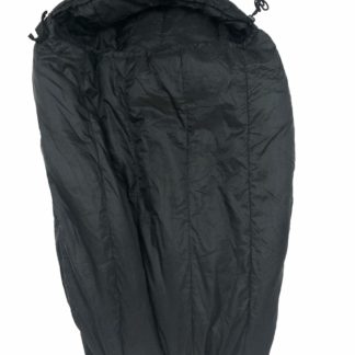 Genuine U.S. military-issue black intermediate sleeping bag, showcasing its mummy-style design and hood adjustment for cold-weather field operations.