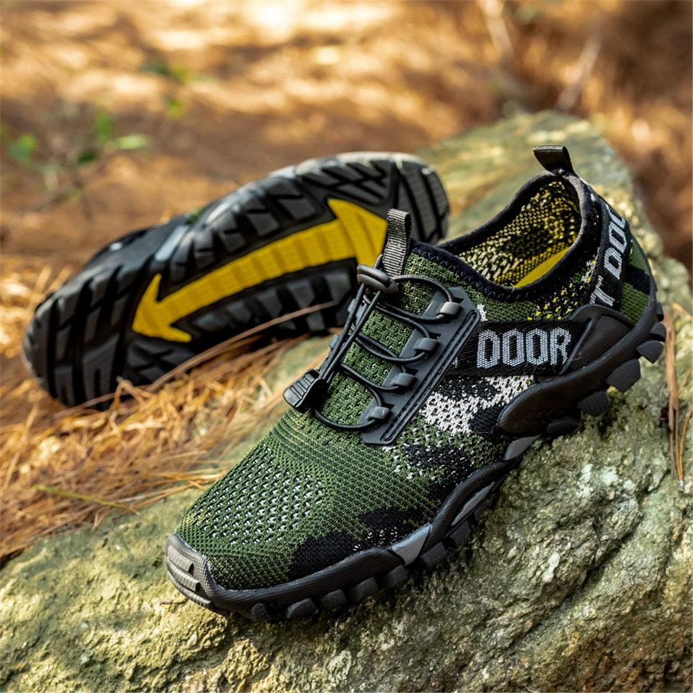 AlphaLife247 Men's Quick-Dry Water Shoes, breathable mesh slip-on sneakers with drainage holes and adjustable drawstrings for swimming, hiking, and water sports.