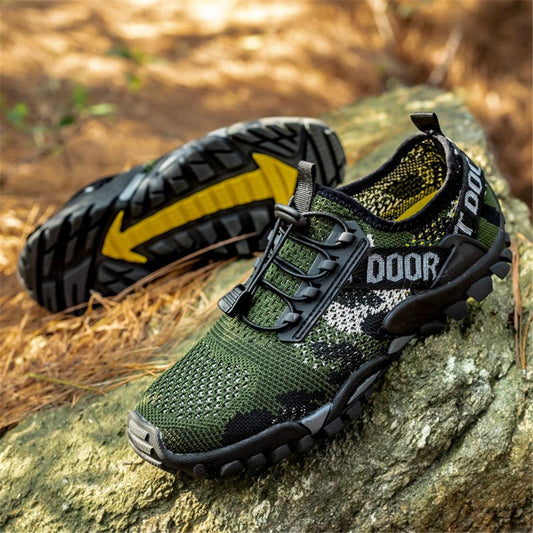 AlphaLife247 Men's Quick-Dry Water Shoes, breathable mesh slip-on sneakers with drainage holes and adjustable drawstrings for swimming, hiking, and water sports.