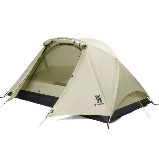 Lightweight 2-person dome camping tent with aluminum poles and a vestibule, set up on a clean background, highlighting its easy-setup design for technical hiking and outdoor adventures.