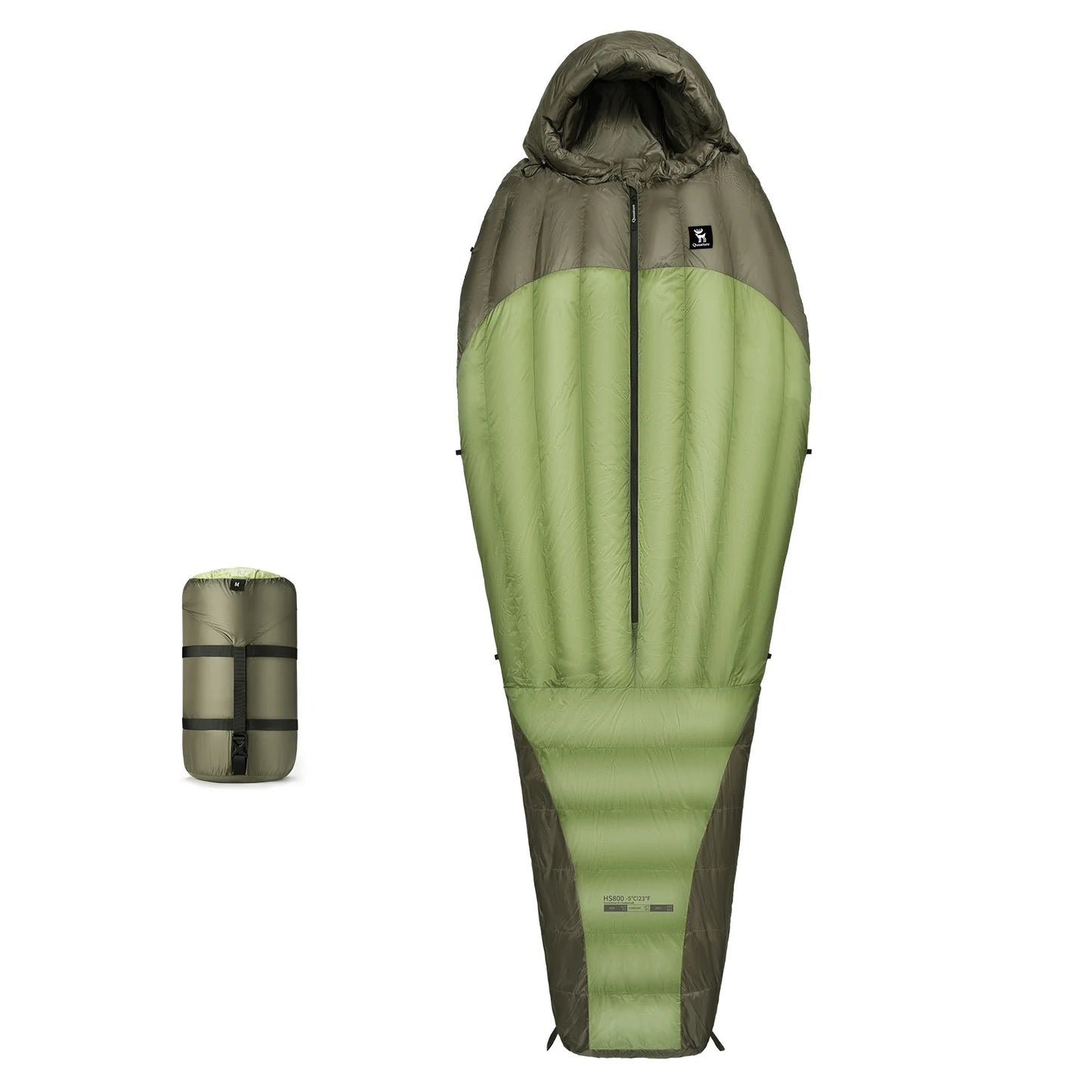 An AlphaLife247 mummy-style sleeping bag in olive green and gray, showcasing its ergonomic design and compact, field-ready compression sack.