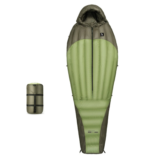 An AlphaLife247 mummy-style sleeping bag in olive green and gray, showcasing its ergonomic design and compact, field-ready compression sack.