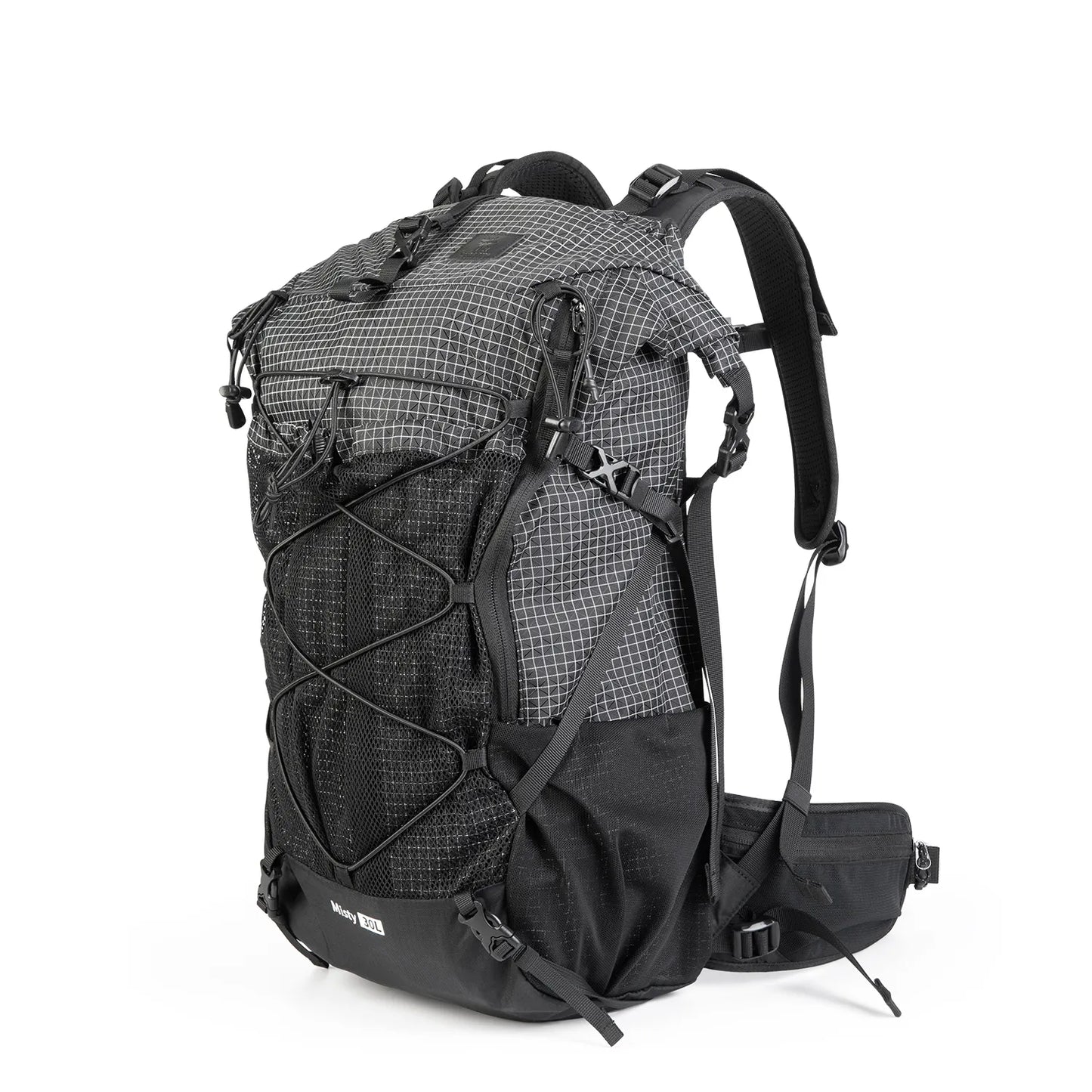 An AlphaLife247 technical black and gray hiking backpack shown on a white background, highlighting its roll-top design, multi-zone storage, and durable construction for tactical outdoor use.
