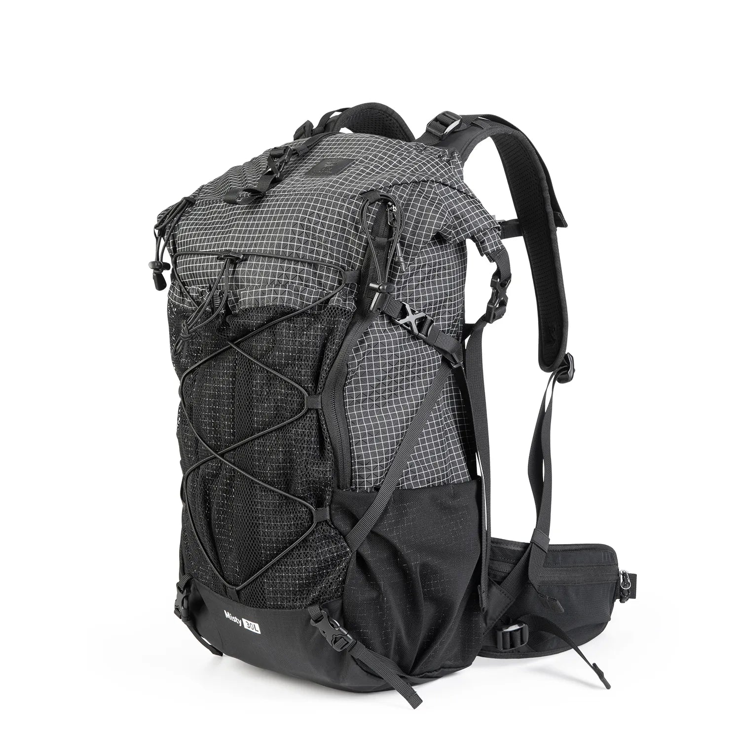 An AlphaLife247 technical black and gray hiking backpack shown on a white background, highlighting its roll-top design, multi-zone storage, and durable construction for tactical outdoor use.