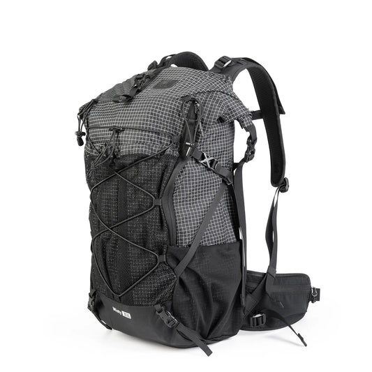 An AlphaLife247 technical black and gray hiking backpack shown on a white background, highlighting its roll-top design, multi-zone storage, and durable construction for tactical outdoor use.