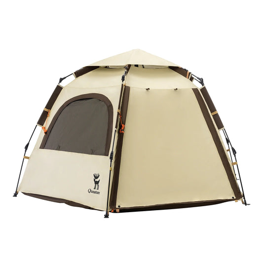 Hexagonal quick-set camping tent with two doors and four windows, set up on a white background, highlighting its 360-degree ventilation and versatile design for family and group outdoor adventures.