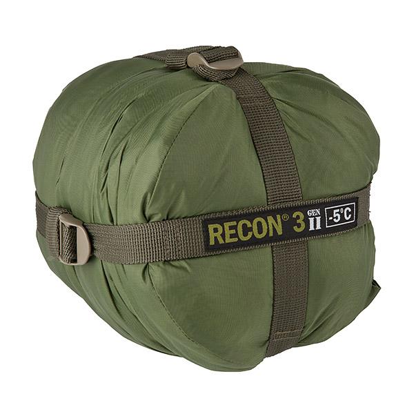 An AlphaLife247 Recon 3 military-style mummy sleeping bag in olive drab, shown in its compact spider compression sack, highlighting its tactical, expedition-ready design for backcountry operations.