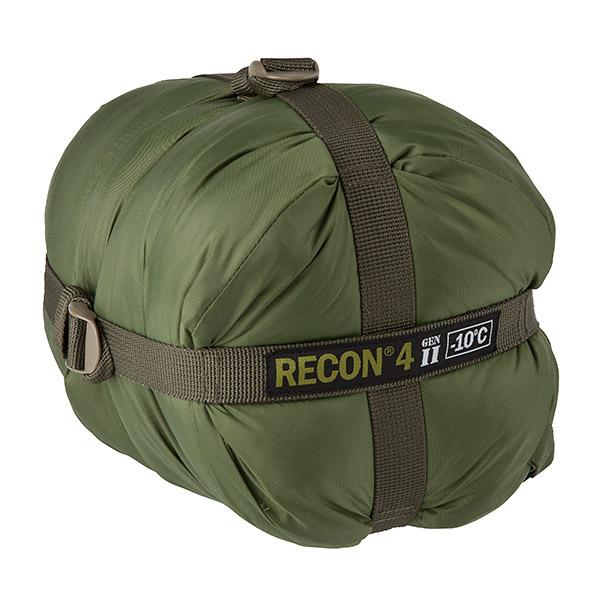 An AlphaLife247 Recon 4 military-style mummy sleeping bag in army green, packed in its waterproof compression sack, showcasing its rugged, expedition-ready design for extreme cold-weather survival.
