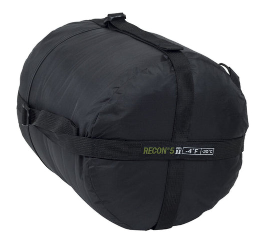 An AlphaLife247 Recon 5 military-style mummy sleeping bag in black, packed in its waterproof compression sack, showcasing its rugged, expedition-ready design for extreme cold-weather survival.