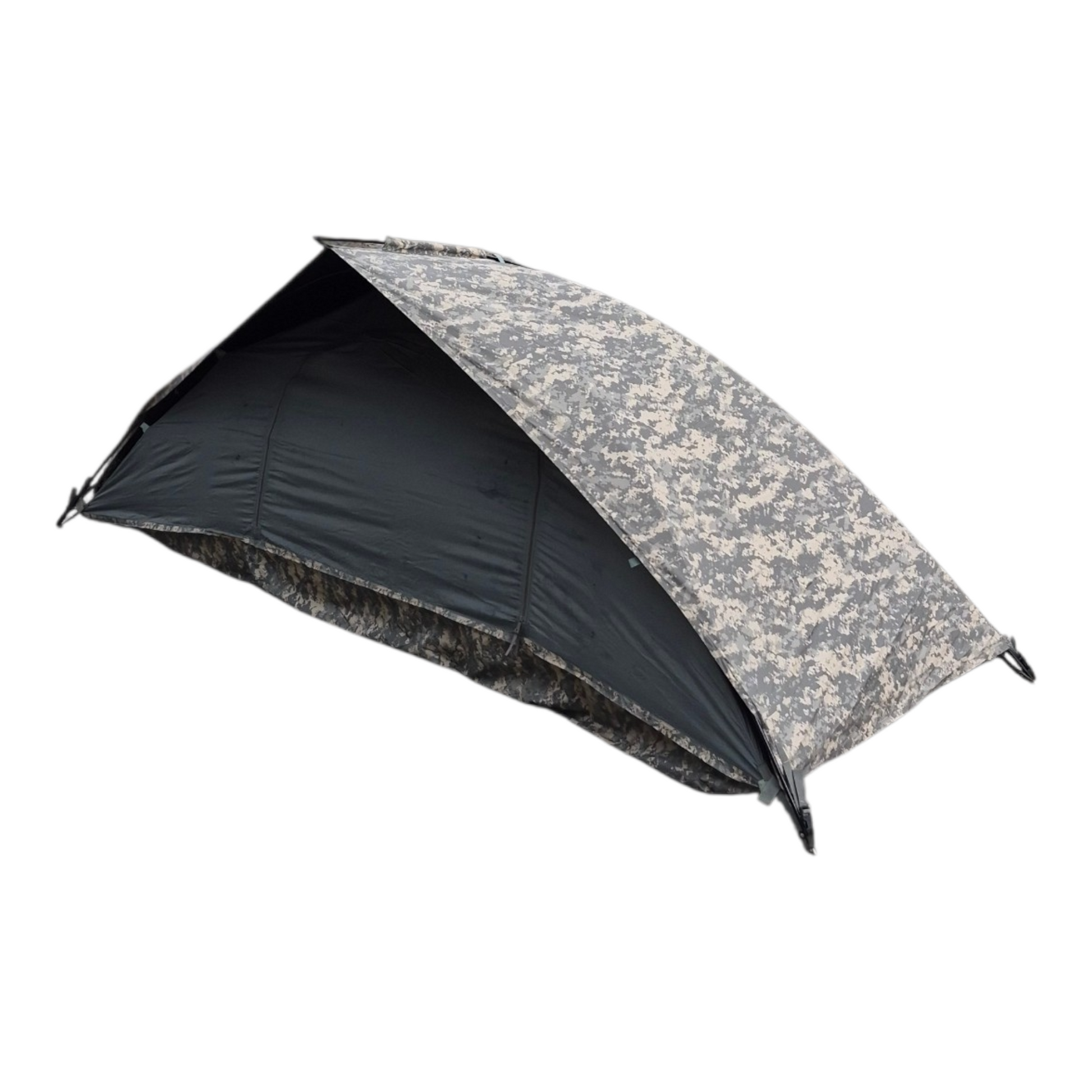 An authentic U.S. military-issued Improved Combat Shelter (ICS) tent in ACU digital camouflage pattern, displayed on a clean background, highlighting its combat-ready design and one-person functionality for rugged outdoor use.