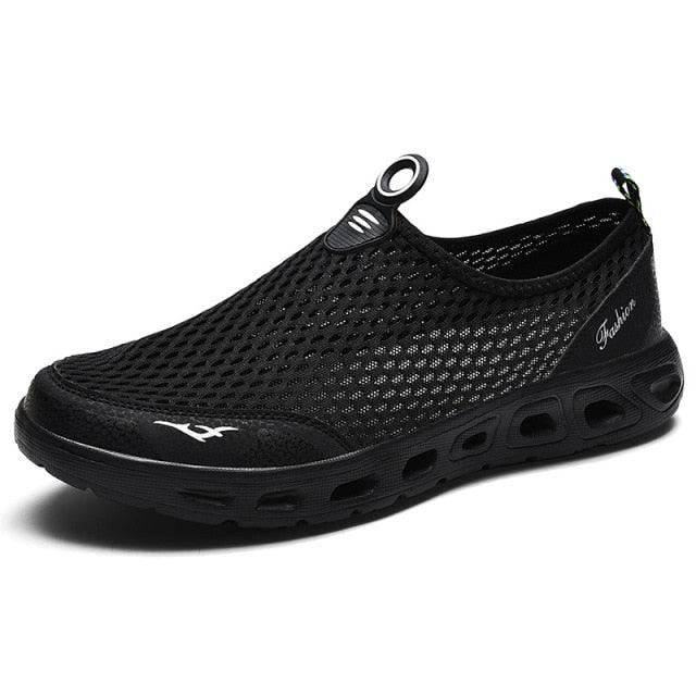 AlphaLife247 Men's Lightweight Mesh Water Shoes, breathable quick-dry slip-on walking sneakers with high-density memory foam support for summer outdoor use.