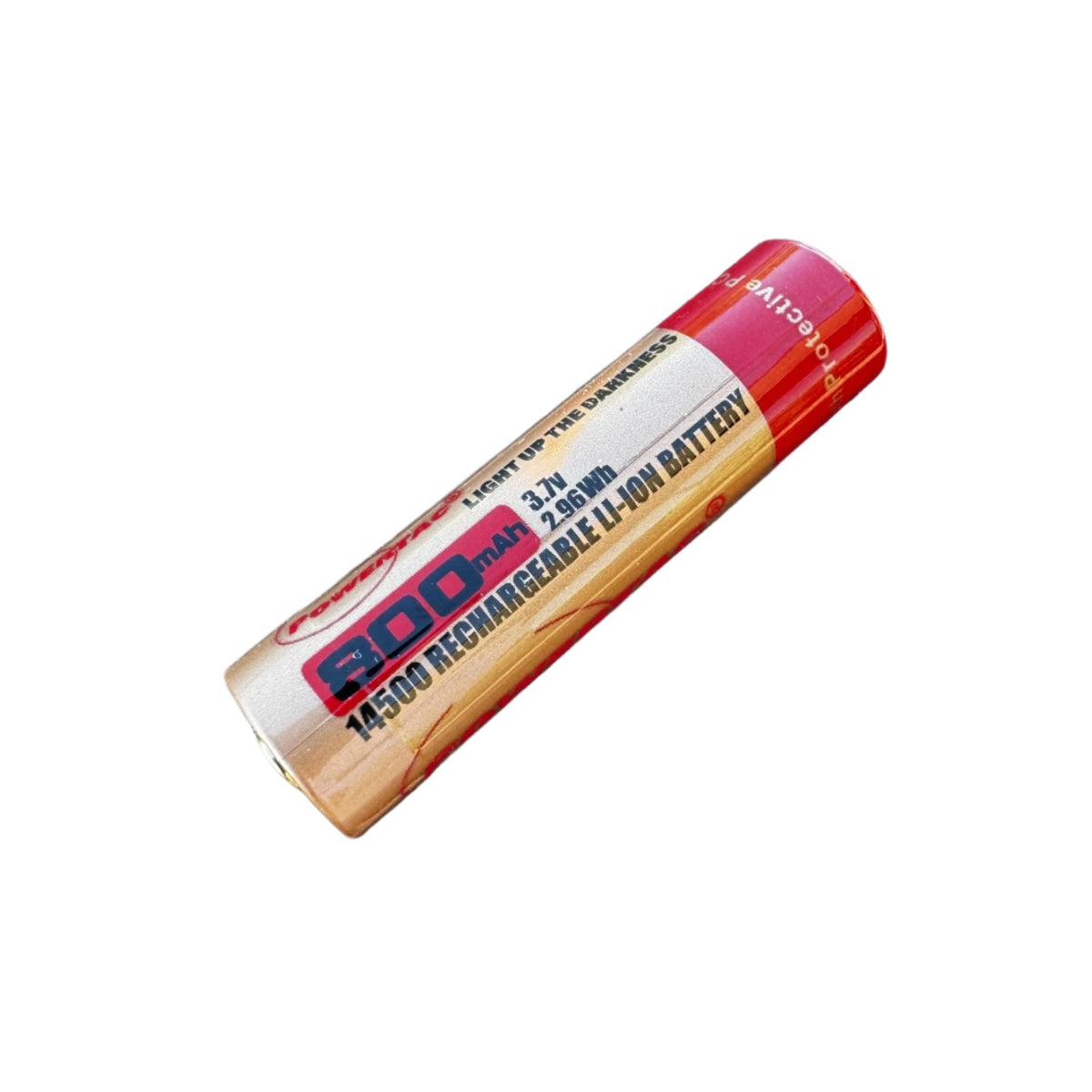 An AlphaLife247 Powertac 800mAh lithium-ion 14500 rechargeable battery, showcasing its compact cylindrical form factor, designed for reliable use in tactical flashlights and compatible EDC devices.