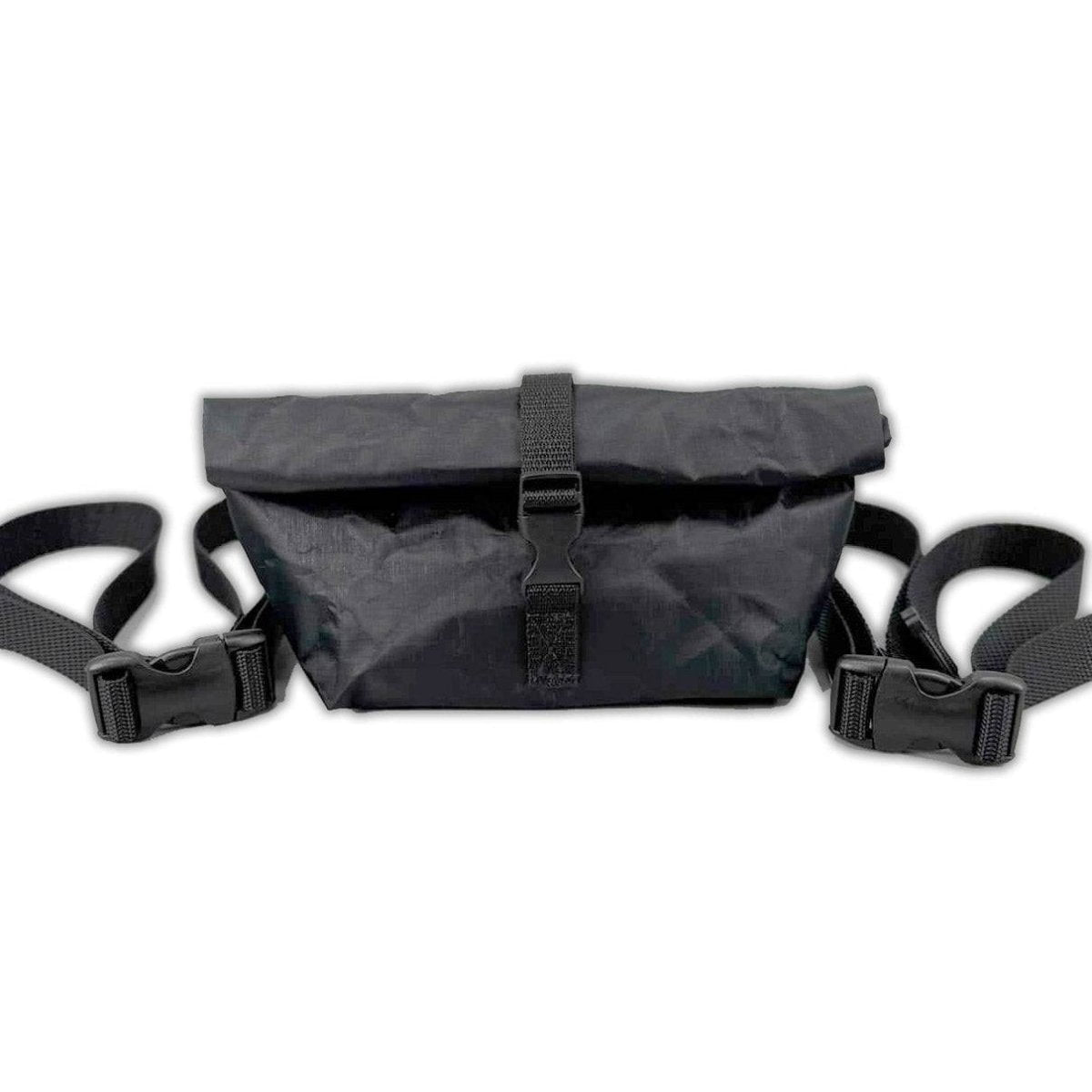 An AlphaLife247 sleek black ultralight Dyneema roll-top fanny pack shown on a white background, demonstrating its modular belt system and expandable, durable design for advanced outdoor load carriage.