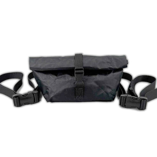 An AlphaLife247 sleek black ultralight Dyneema roll-top fanny pack shown on a white background, demonstrating its modular belt system and expandable, durable design for advanced outdoor load carriage.